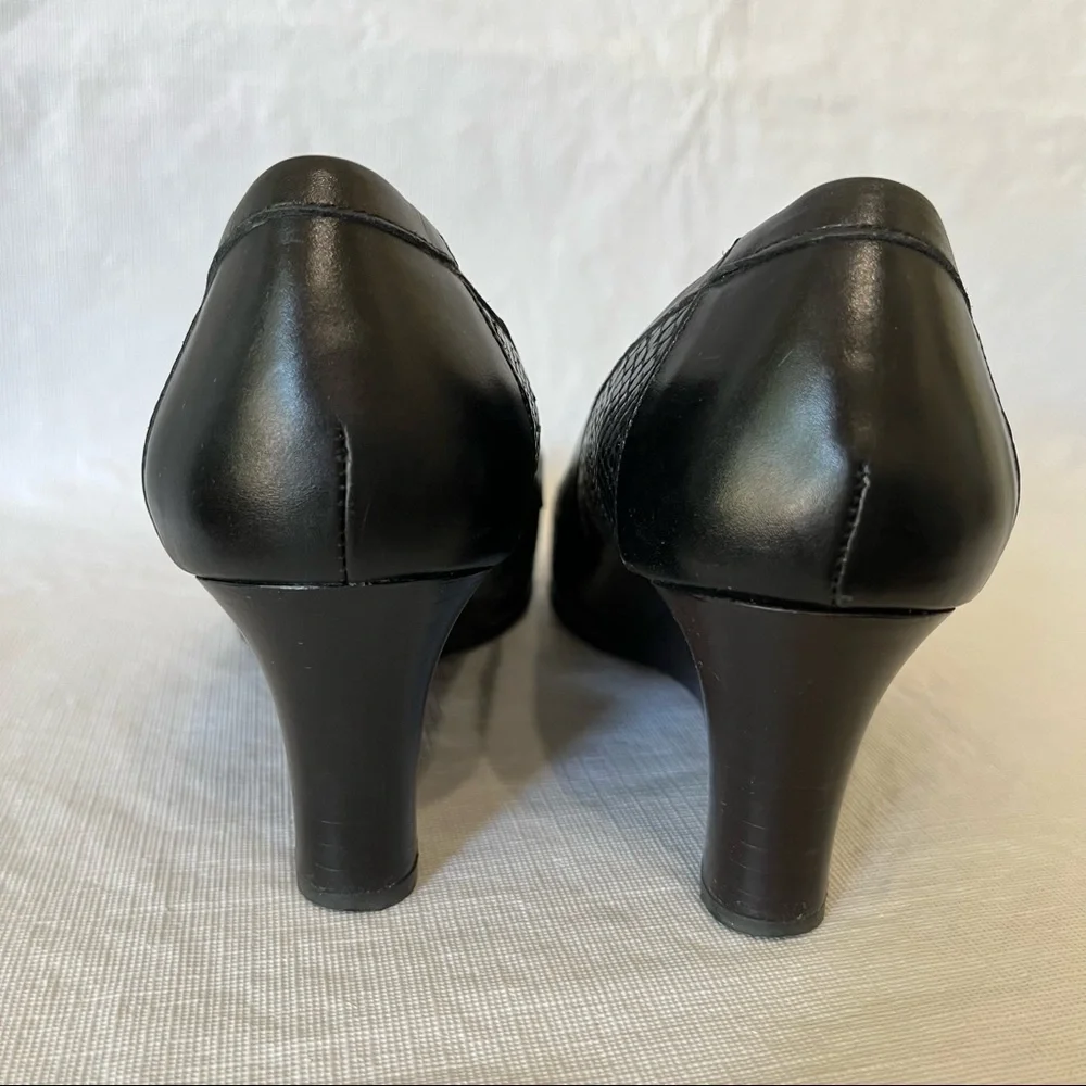 Brighton Nelly Black Leather Peep Toe Wedge Heels